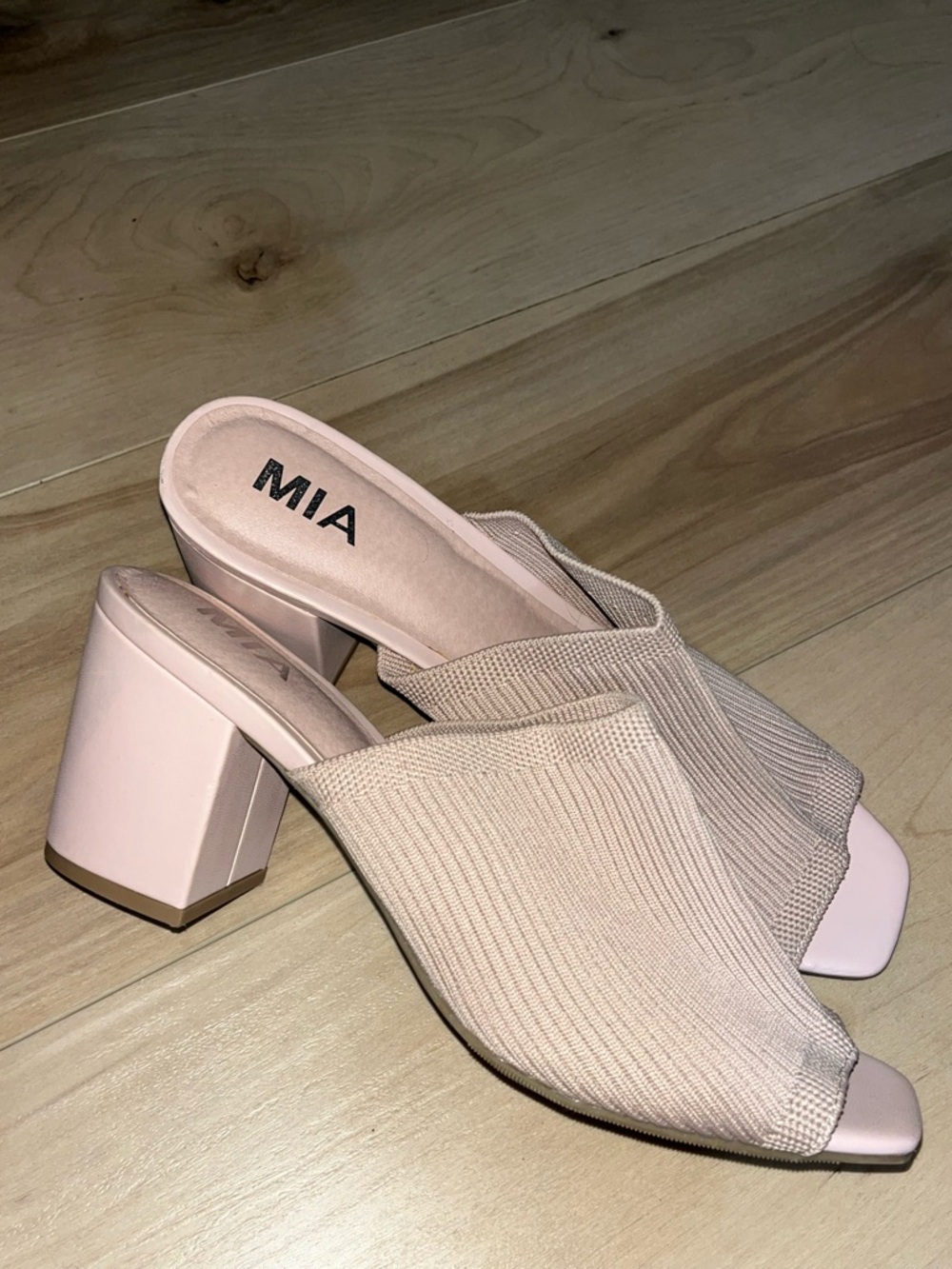 MIA Blush Pink Knit Open-Toe Block Heel Mules